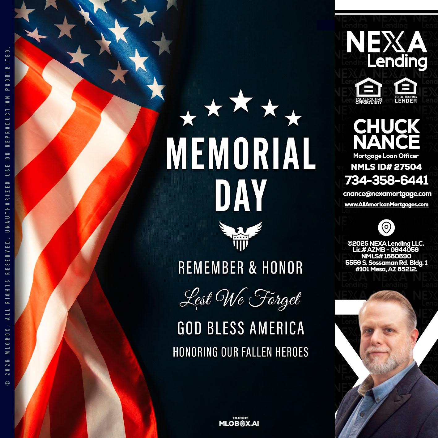 MEMORIAL DAY - Chuck Nance -Growth Partner | Mortgage Loan Officer